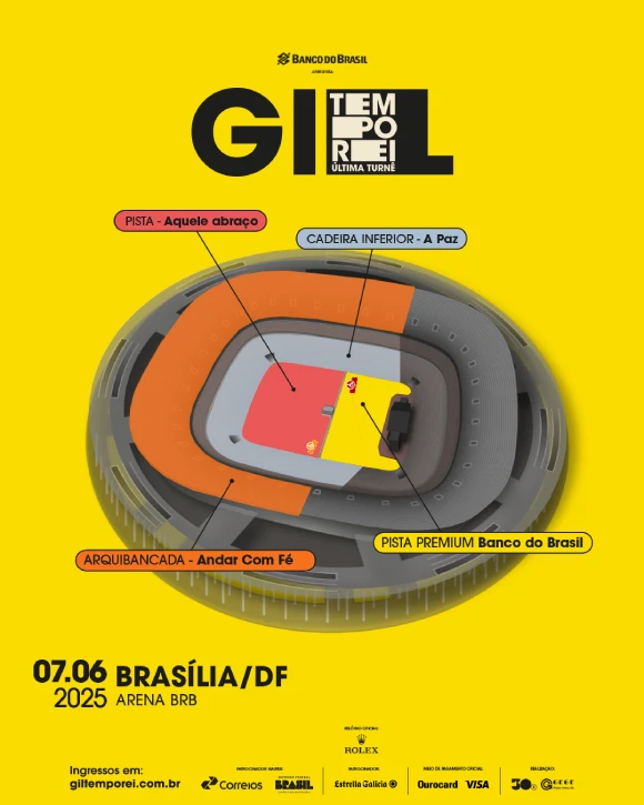 Gilberto Gil em Brasília turnê Tempo Rei 7 de junho de 2025 na Arena BRB Mané Garrincha Mapa Evento